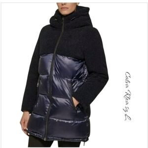 NWT Calvin Klein Navy Blue Mixed-Media Shearling Trim Puffer Coat sz L
